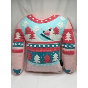 Cynthia Rowley Christmas Sweater Shape Throw Pillow 17" Ski Slopes Pink Winter